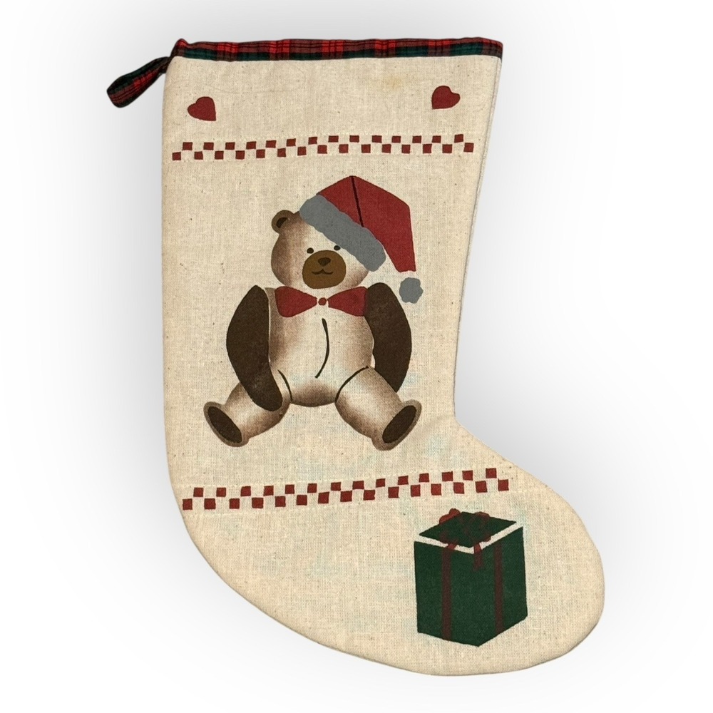 Vintage Rustic Primitive Teddy Bear Christmas Stocking Country Folk Style 14.25"